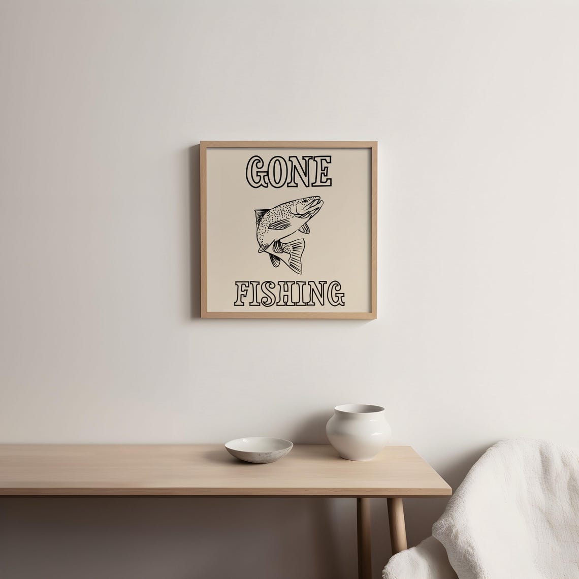Gone Fishing Leaping Trout Line Art Black Minimalist Cabin Poster - Image 2