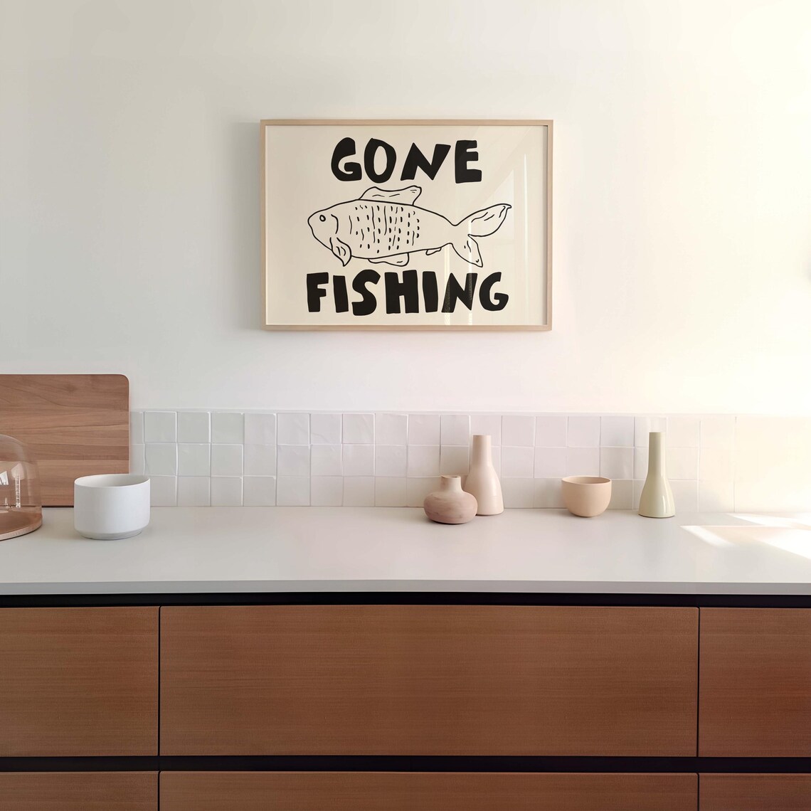 Gone Fishing Black Bold Letters Fish Doodle Funny Outdoors Quote Poster - Image 3