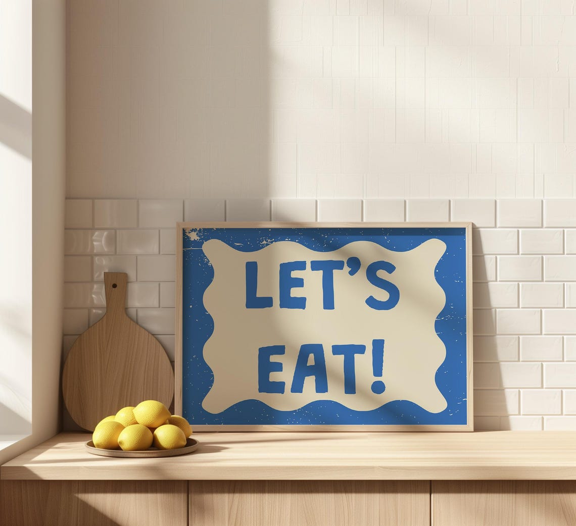 Bold Lets Eat Exclamation Blue Retro Wavy Border Kitchen Print - Image 3