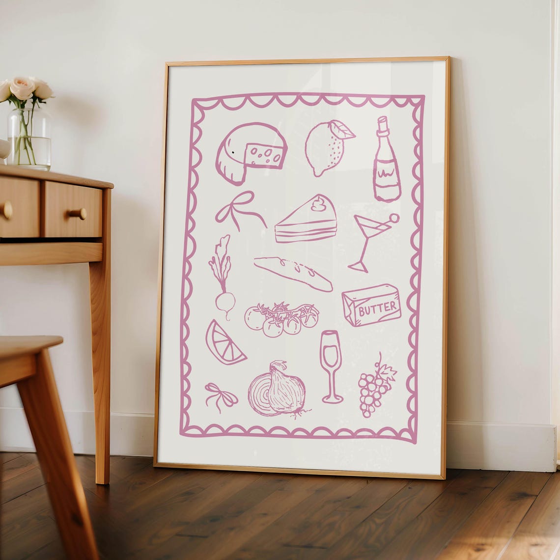 Pink Hand Drawn Food Illustration Trendy Dinner Party Kitchen Poster - Image 3