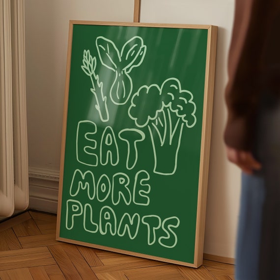 Eat More Plants Poster Vintage Food Poster Trendy Kitchen Decor Green Vegetable Print Modern Kitchen Print Retro Food Art Dinner Party Print