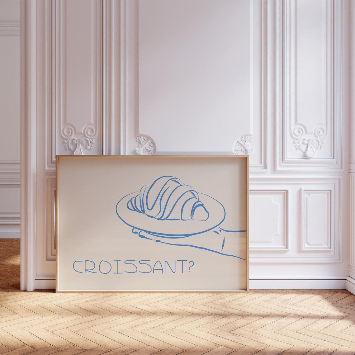 Croissant Blue Line Art French Bakery Breakfast Hand Kitchen Poster - Image 2