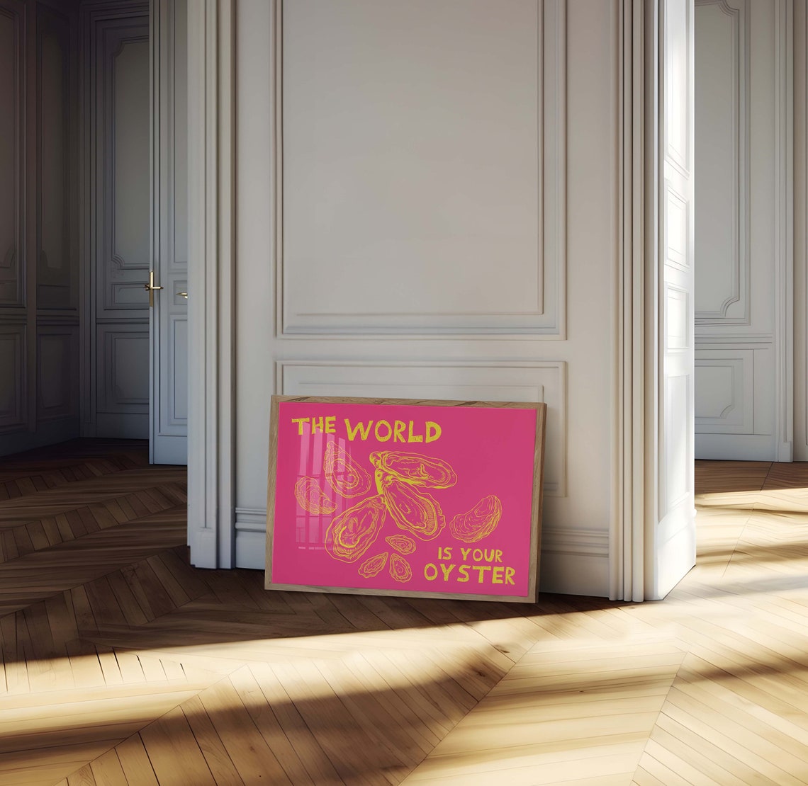 The World Is Your Oyster Hot Pink Yellow Retro Oyster Art Poster - Image 2