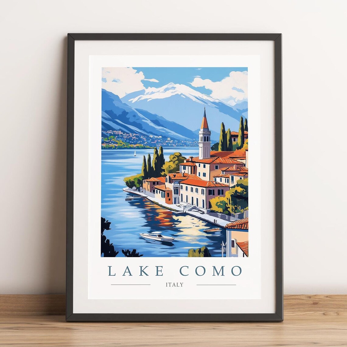 Lake Como Italy Lakeside Village with Bell Tower and Mountains Poster