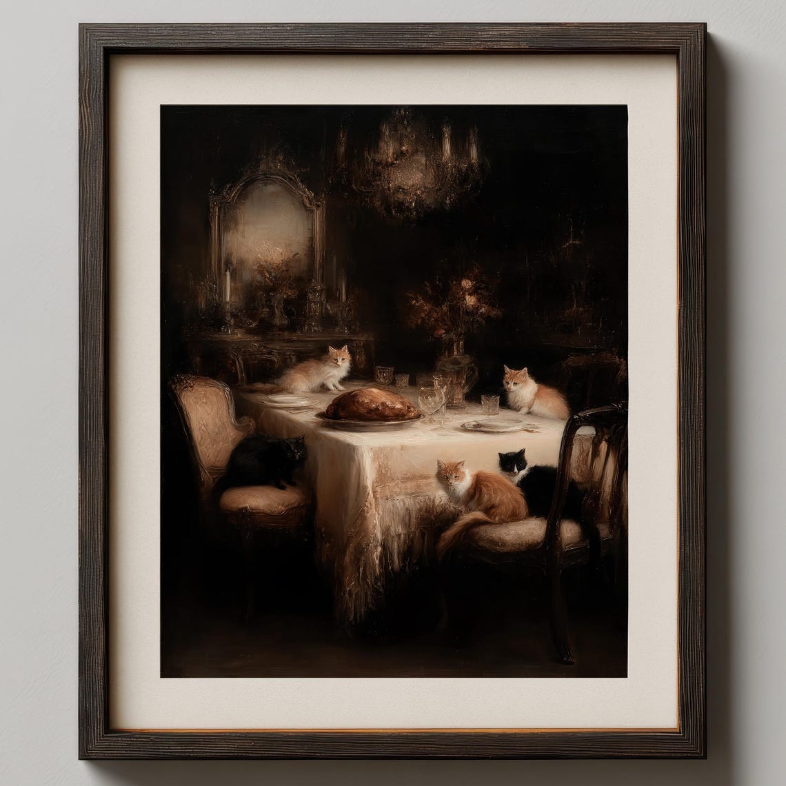 Cats At A Dinner Party Vintage Kitchen Wall Art Print Gothic Victorian Painting Dark Academia Decor