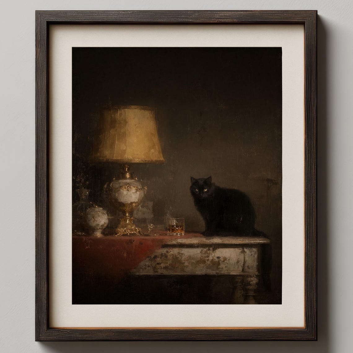 Black Cat Wall Art Print Moody Gothic Victorian Painting Dark Academia Decor Oil