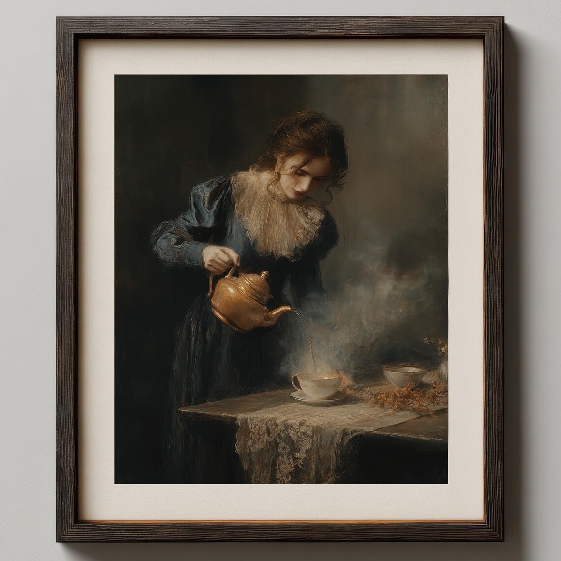 Moody Victorian Lady Pouring Tea Dark Academia Oil Painting Poster