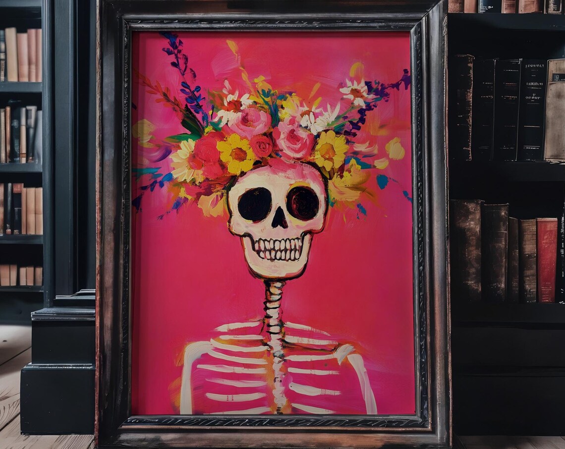 Pink Skeleton Floral Skull, Gothic Halloween Art Print - Image 4