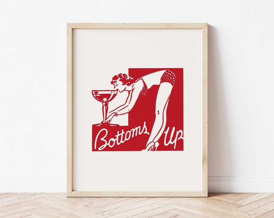 Bottoms Up Vintage Red Retro Cocktail Woman Bar Style Poster