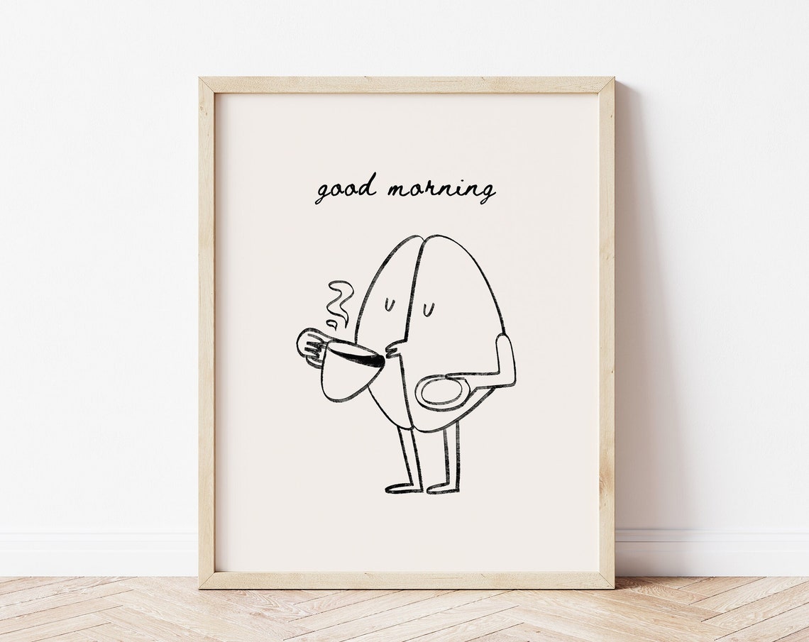 Good Morning Cute Coffee Bean Character Hand Drawn Kitchen Print