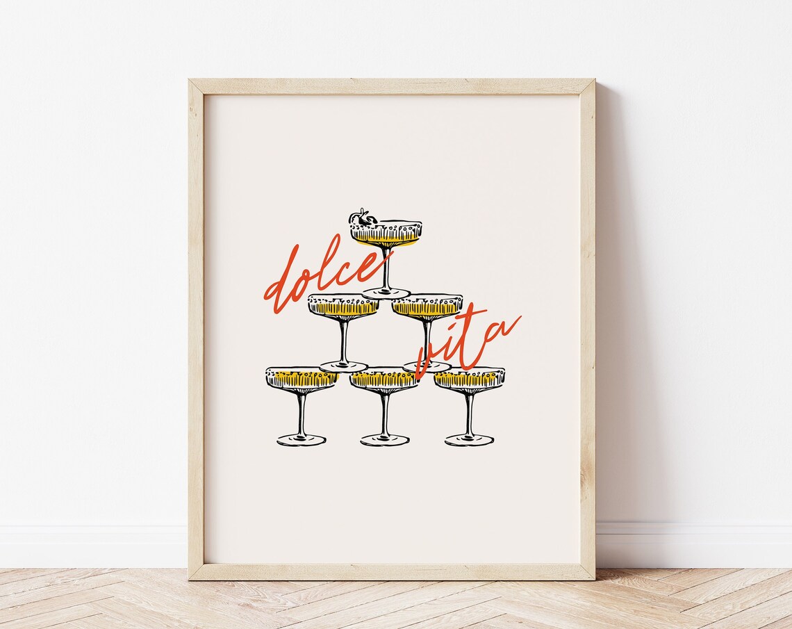 Champagne Tower Print Dolce Vita Wall Art Champagne Bar Cart Print Vintage Champagne Art Retro Bar Cart Poster La Dolce Vita Print