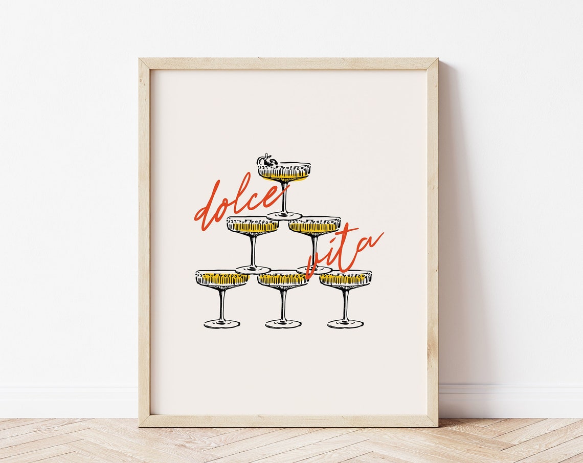 Dolce Vita Champagne Coupe Tower Red Script Party Art Poster