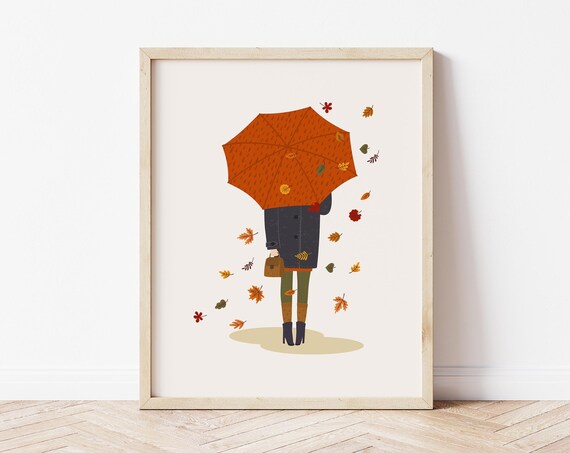 Girl With Orange Umbrella Autumn Falling Leaves Illustration Poster