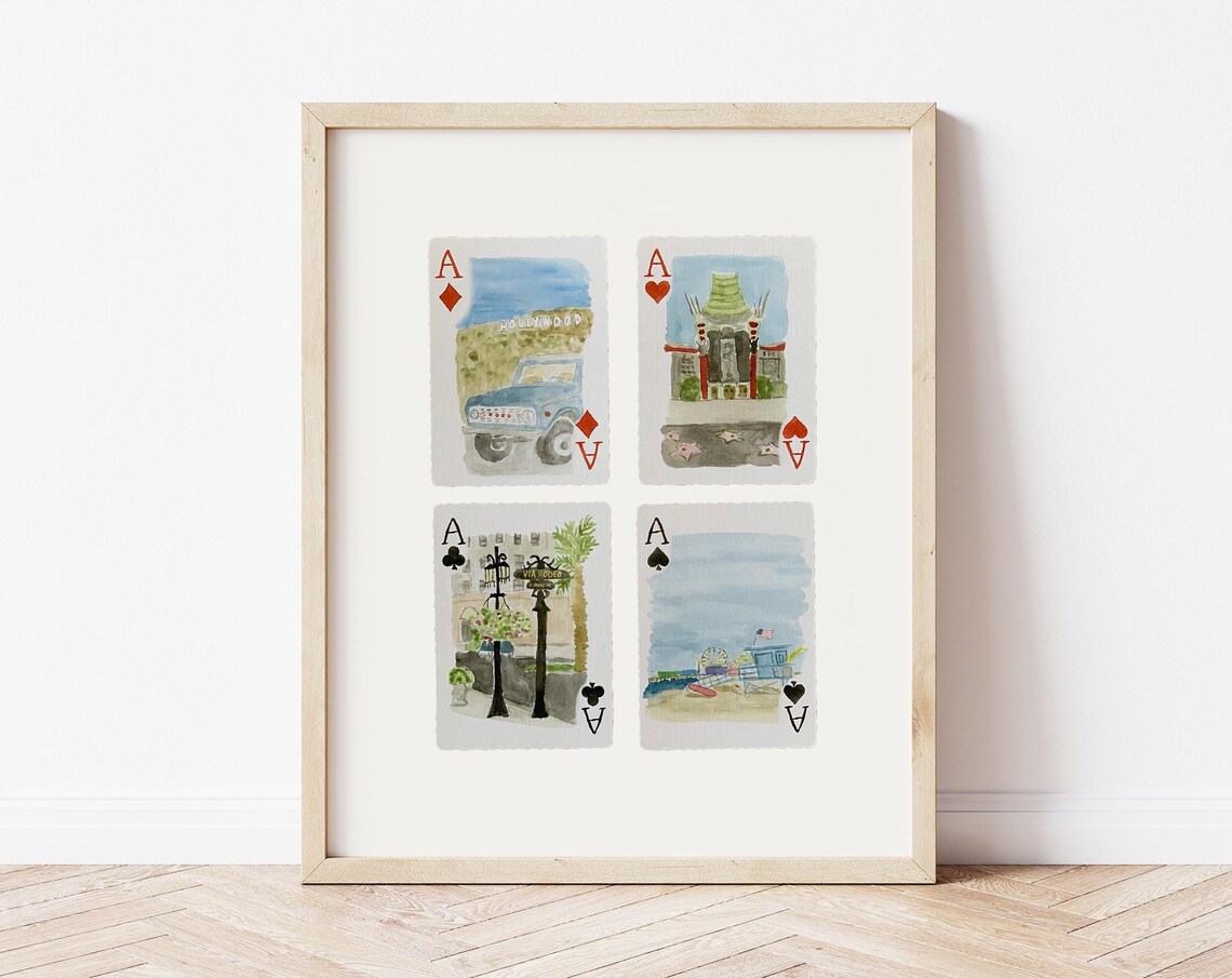 Los Angeles Ace Playing Cards Watercolor Hollywood Landmark Print