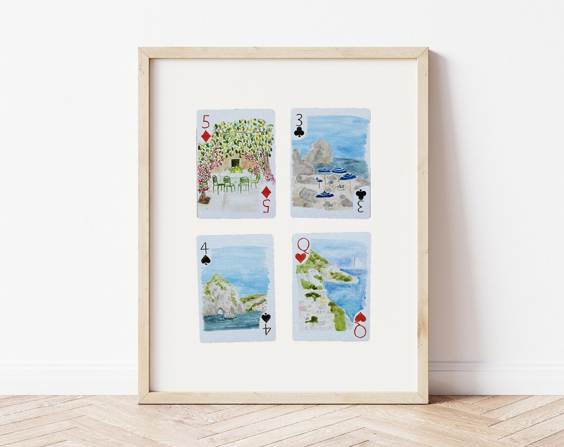 Italy Coastal Watercolor Playing Cards Four Cards Scenic Poster