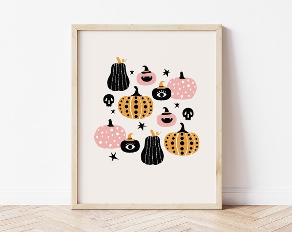 Cute Halloween Pumpkin Pattern Black Pink Orange Boho Art Print