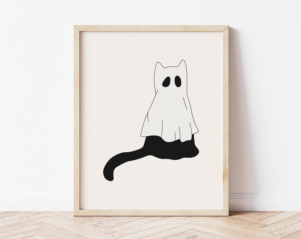 Black Cat in Ghost Costume Minimal Cute Halloween Cat Wall Art
