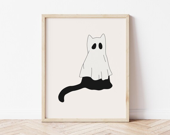 Black Cat in Ghost Costume Minimal Cute Halloween Cat Wall Art