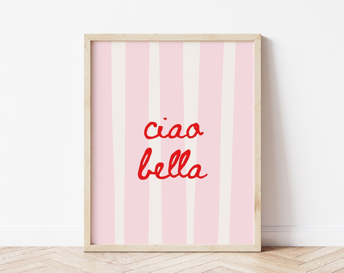 Ciao Bella Red Script Pink Cream Striped Italian Quote Wall Art