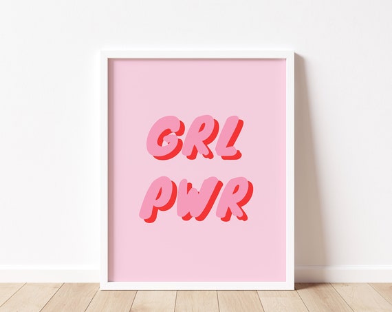 Girl Power Print Grl Pwr Pink Red Feminist Print Girl Room Decor Preppy Wall Art Inspirational Quote Art Empowering Wall Art