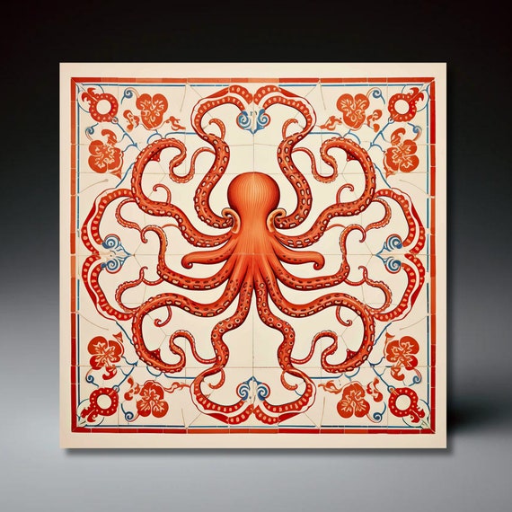 Deruta Octopus Wall Art Print, Italian Coastal Decor
