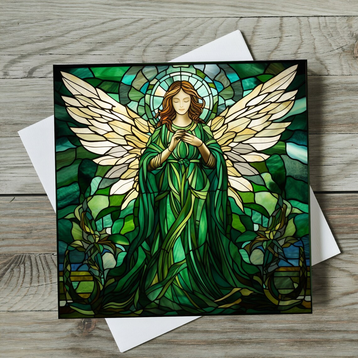 Emerald Green Stained Glass Angel Praying Religious Wall Art - Image 2