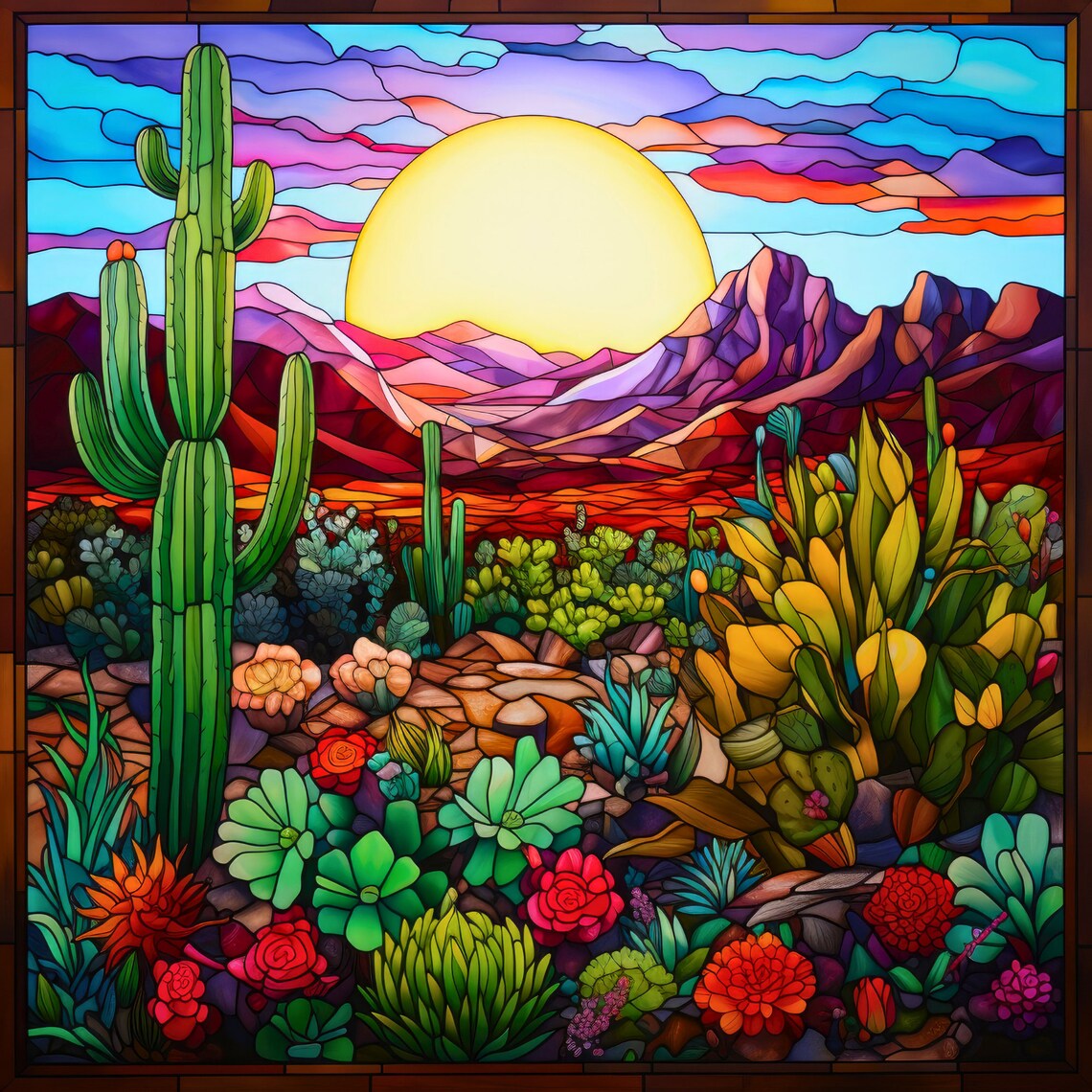 Southwest Sunset Cactus, Stained Glass Effect Art Print - Image 4