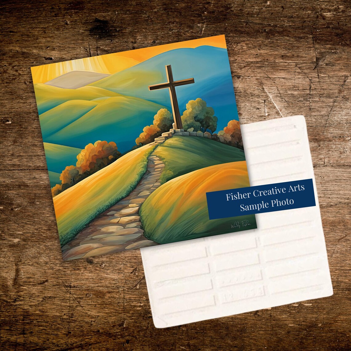 Hilltop Cross at Sunrise with Stone Path Golden Morning Wall Art - Image 3