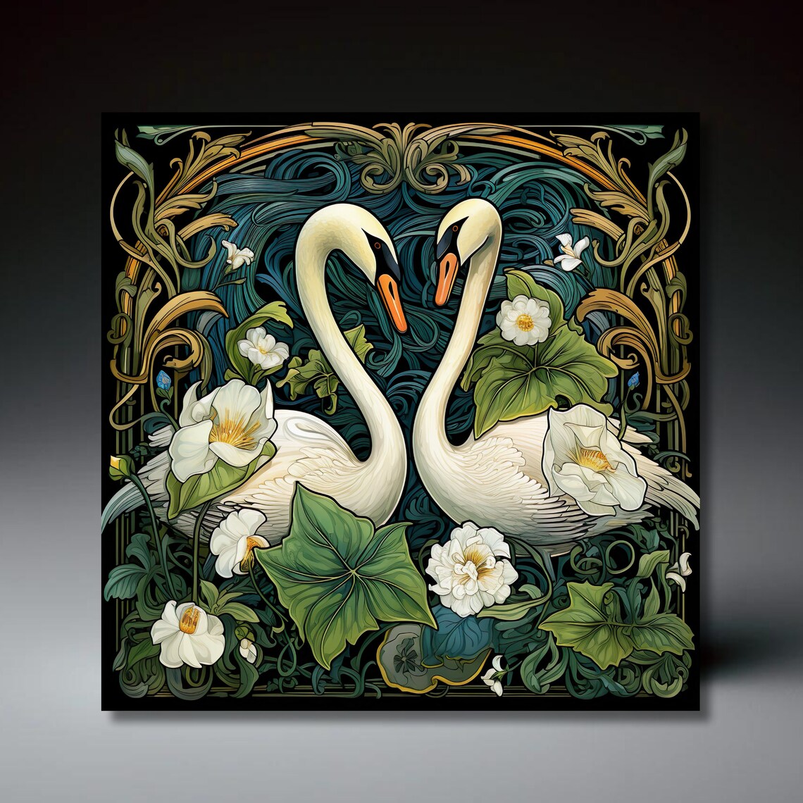 Art Nouveau Botanical Swans Ceramic Tile Print