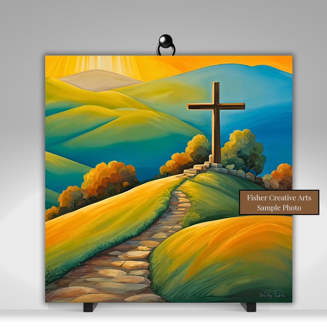 Hilltop Cross at Sunrise with Stone Path Golden Morning Wall Art - Image 5