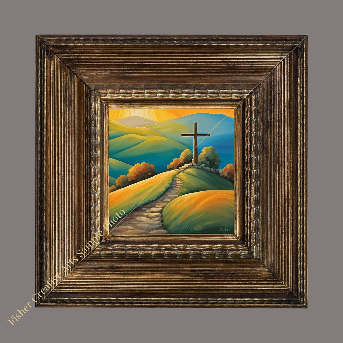 Hilltop Cross at Sunrise with Stone Path Golden Morning Wall Art - Image 2