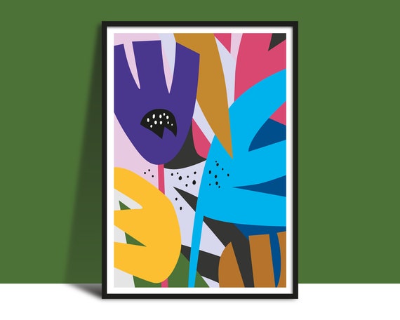 Flowers Abstract Collage Art Instant Printable Purple Yellow Pink Print Modern Botanical Illustration Bold Clean Shapes