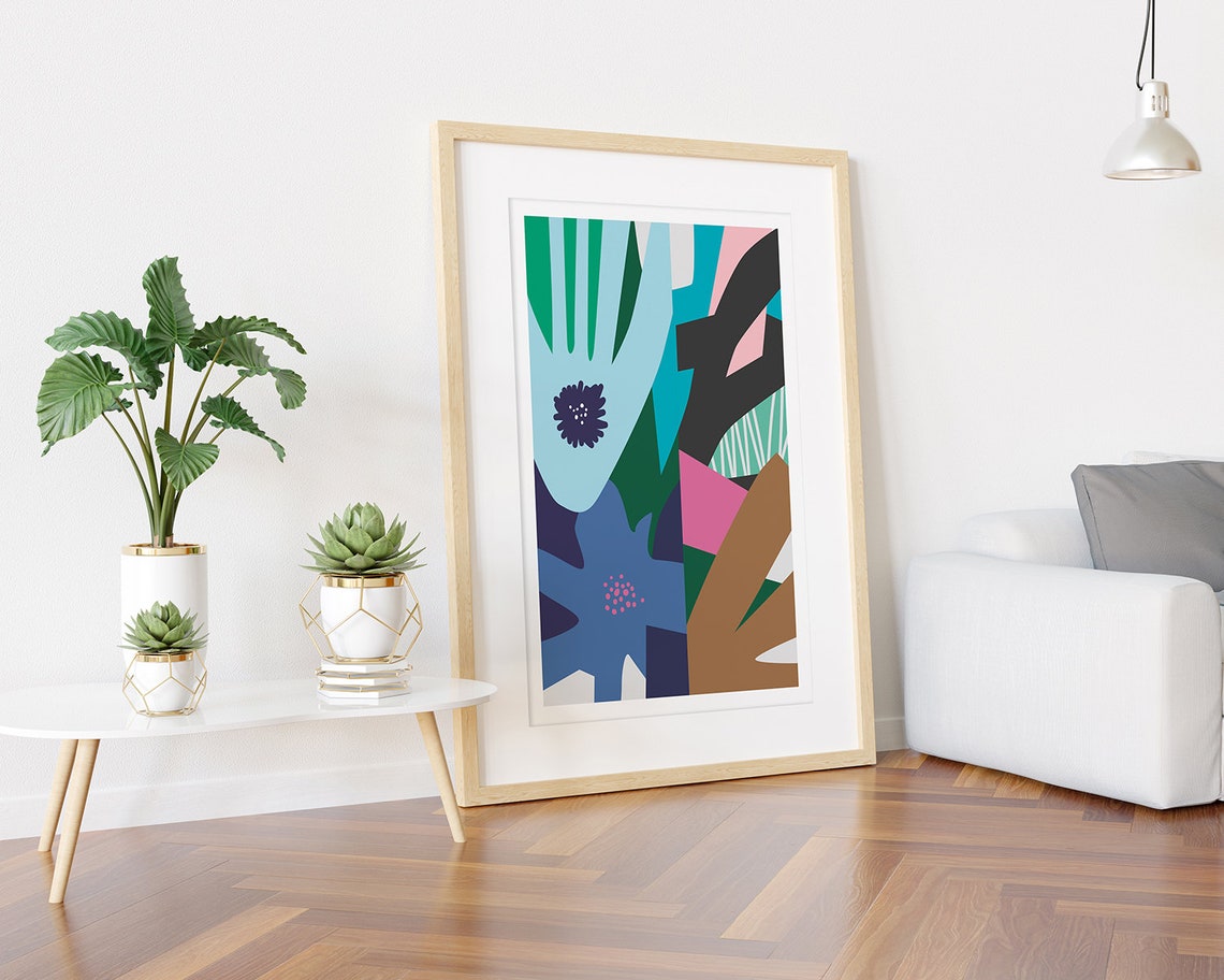 Blue Flower Tropical Leaves Bold Summer Garden Collage Poster - Image 3