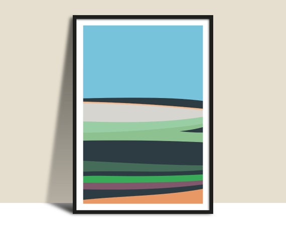 Blue Sky Green Fields Abstract Wall Art Instant Printable Bright Modern Illustration Poster Hills Graphical Illustration