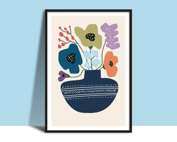 Blue Pattern Vase Flowers Wall Art Instant Printable Bold Modern Vase Illustration Poster Floral Minimalist Design