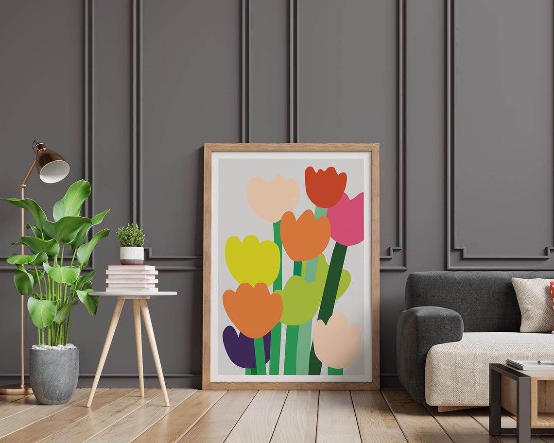 Big Bright Tulips Red Orange Pink Bold Flat Botanical Wall Art - Image 2