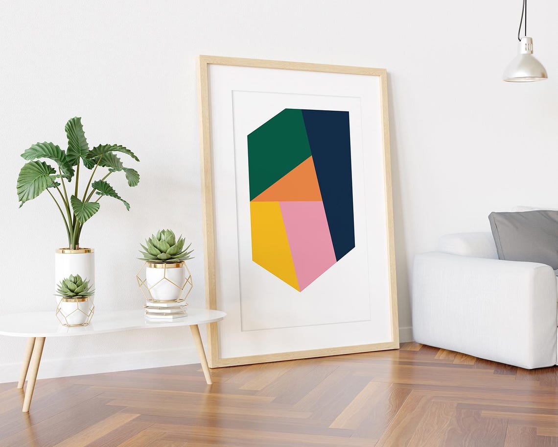 Navy Green Orange Yellow Pink Geometric Polygon Abstract Print - Image 3