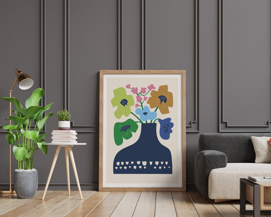 Navy Vase with Pink Blossoms and Bold Colorful Flowers Poster - Image 2
