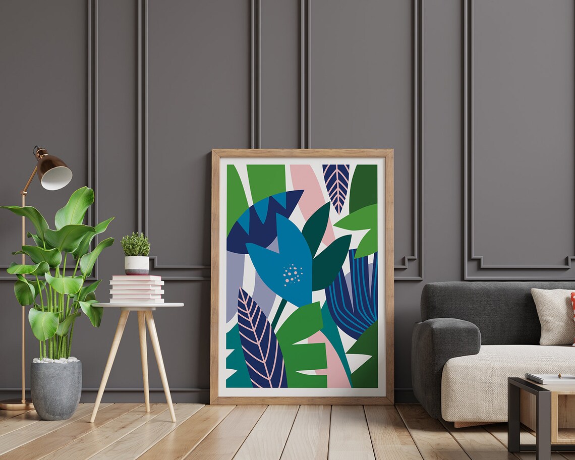 Blue Flower And Bold Green Leaves Abstract Botanical Art Poster - Image 2