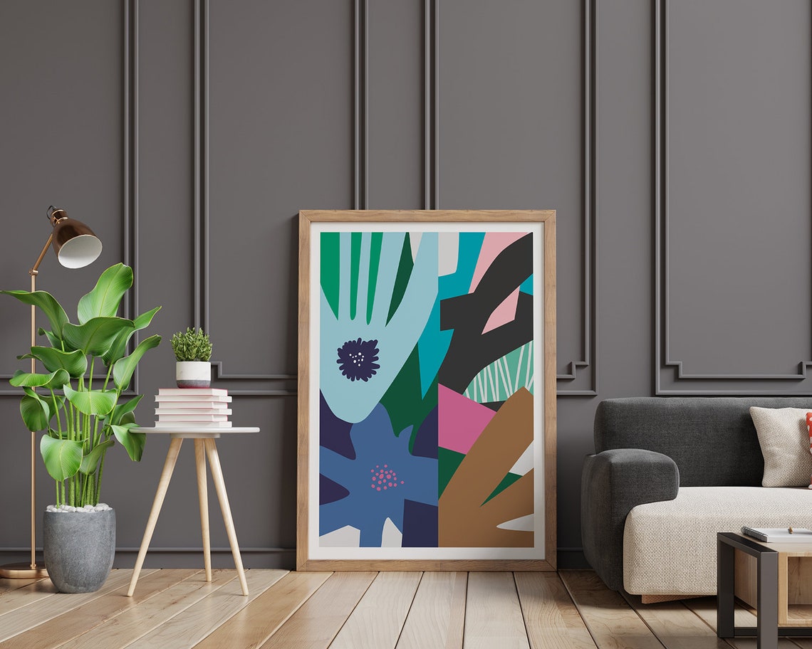 Blue Flower Tropical Leaves Bold Summer Garden Collage Poster - Image 2