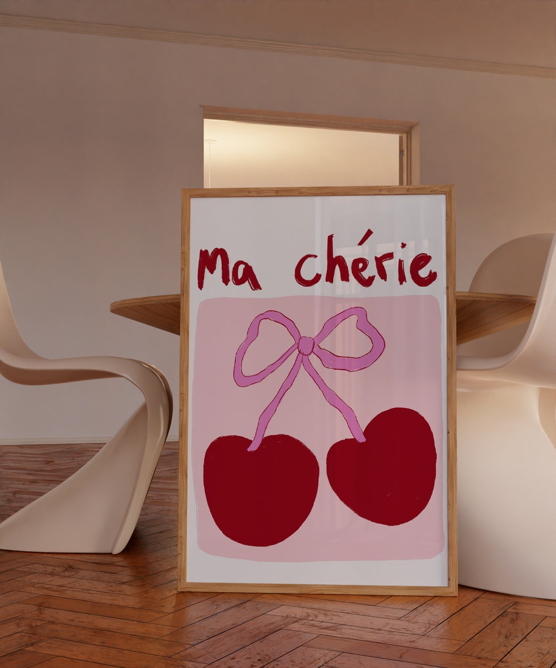 Ma Cherie Red Cherries Pink Bow Preppy Hand Drawn Kitchen Poster - Image 2
