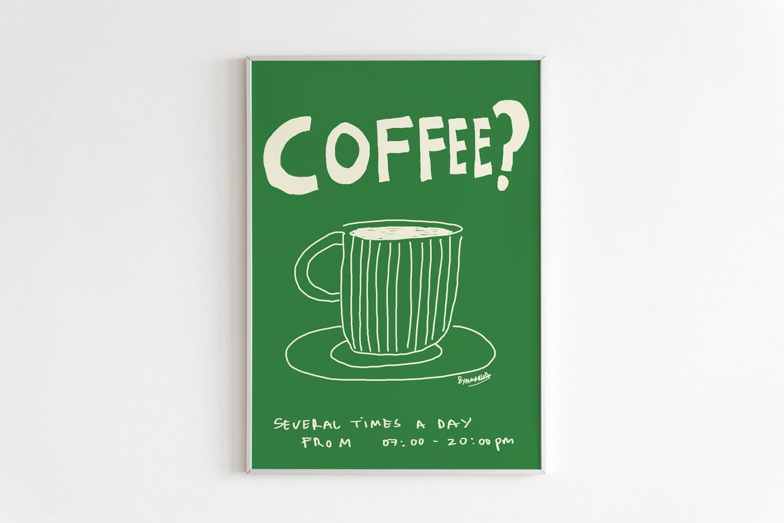 Coffee Hand Drawn Retro Green Kitchen Quirky Daily Decor Print - Image 2