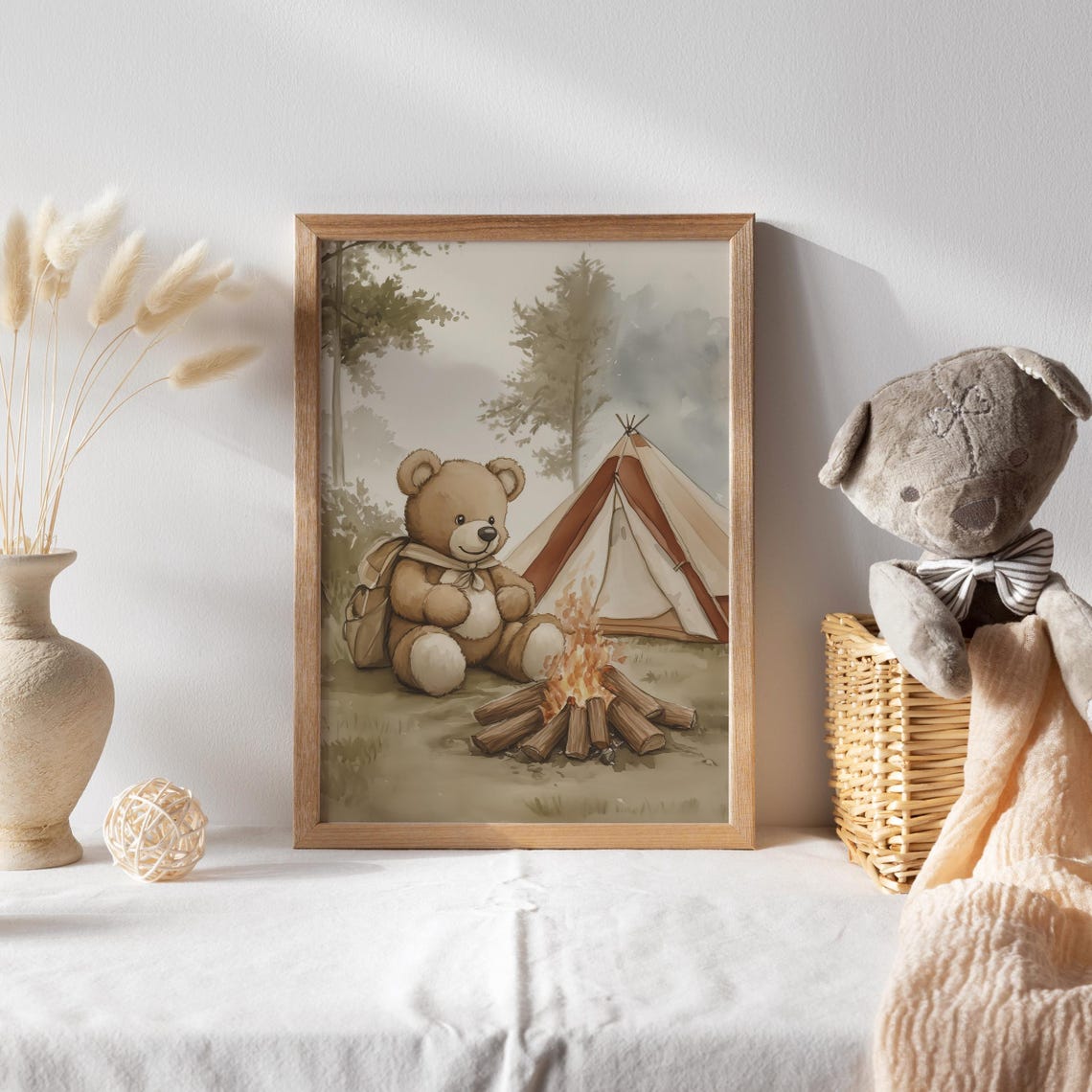 Teddy Bear Camping by a Campfire with Tent and Backpack Poster - Image 2