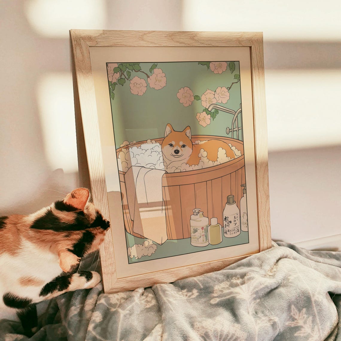 Shiba Inu Bath Time in Wooden Tub With Cherry Blossoms Poster - Image 3