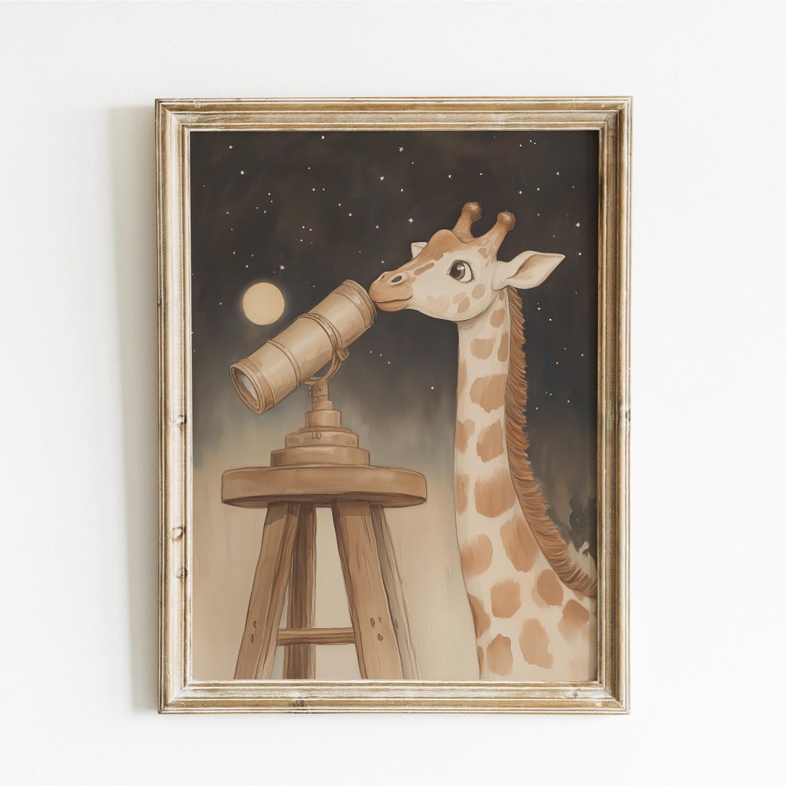 Giraffe Stargazing with a Telescope on a Starry Night Poster