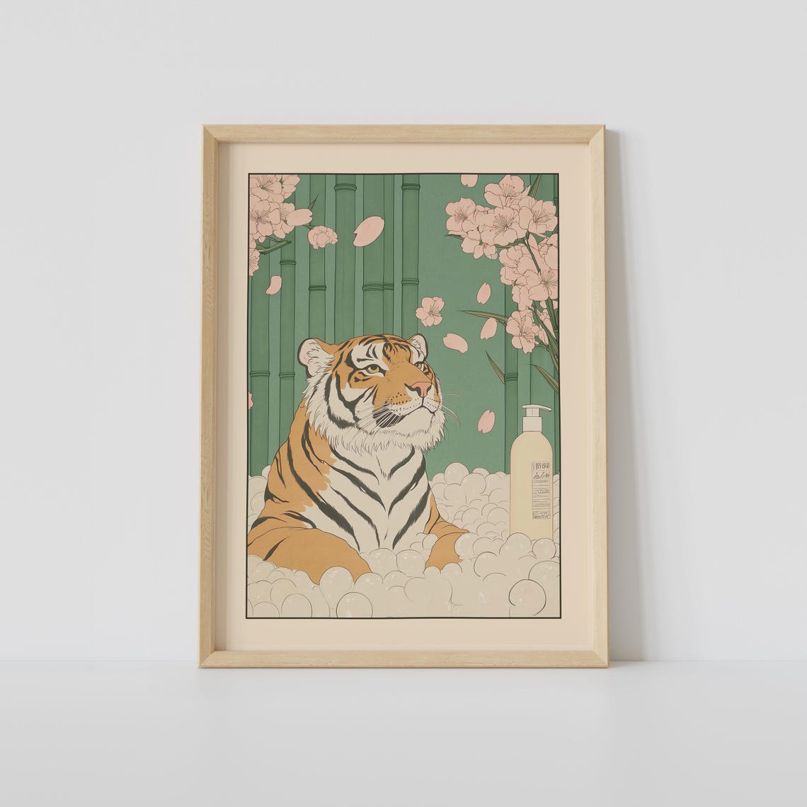 Majestic Tiger Soaking in Bubble Bath With Bamboo and Sakura Poster