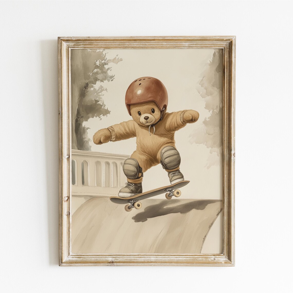Teddy Bear Skateboarder in Helmet and Pads on Ramp Watercolor Poster