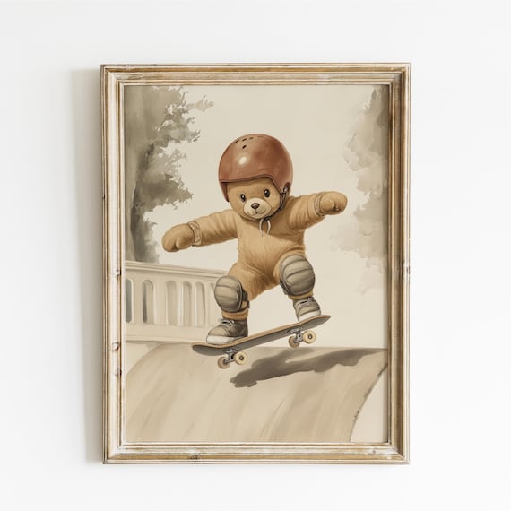 Teddy Bear Skateboarder in Helmet and Pads on Ramp Watercolor Poster