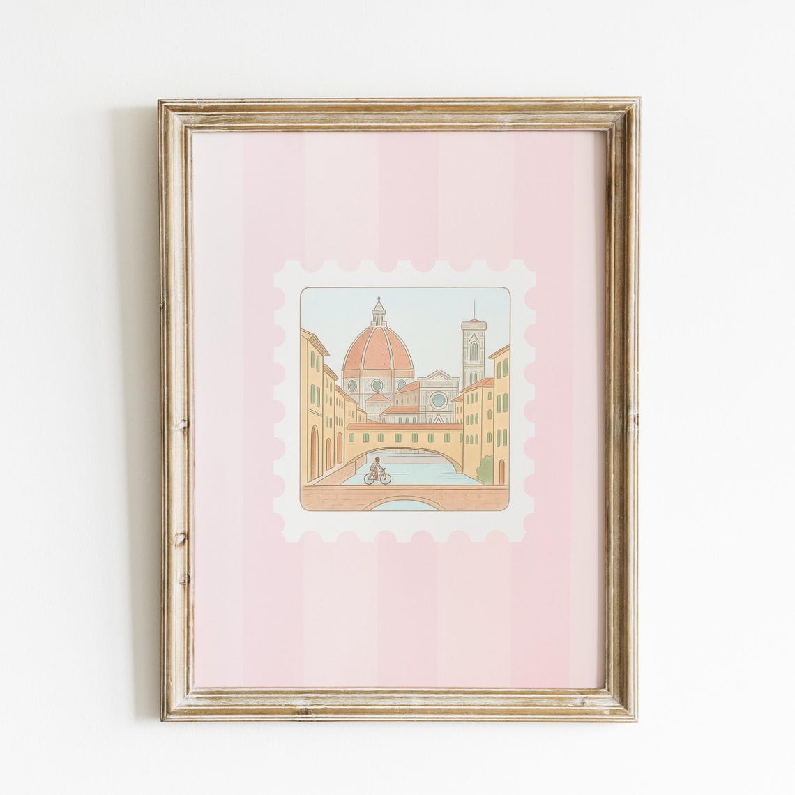 Florence Italy Duomo Bridge Cyclist Pink Postage Stamp Art Print