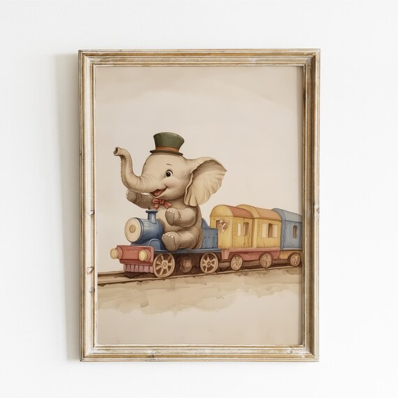 Baby Elephant in Top Hat Riding Colorful Toy Train Waving Poster